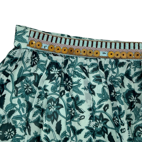 Anthropologie NIKASHA Mini Skirt Tiered Floral Beaded Size S Blue Green Boho - Picture 3 of 10